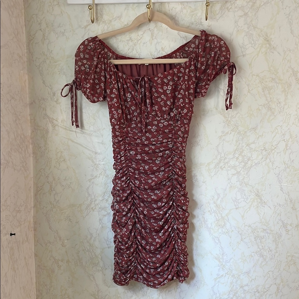 Ultra Flirt Red Ruched Mini Dress with Puff Sleeves